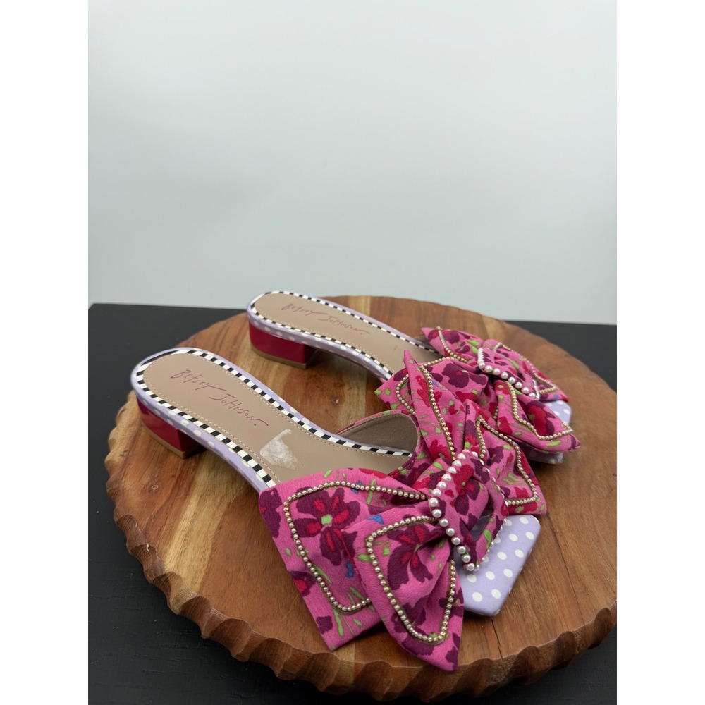 Betsey Johnson Garnet Slide Sandals Women 7.5 Pink Floral Pearl Bow Block Heel